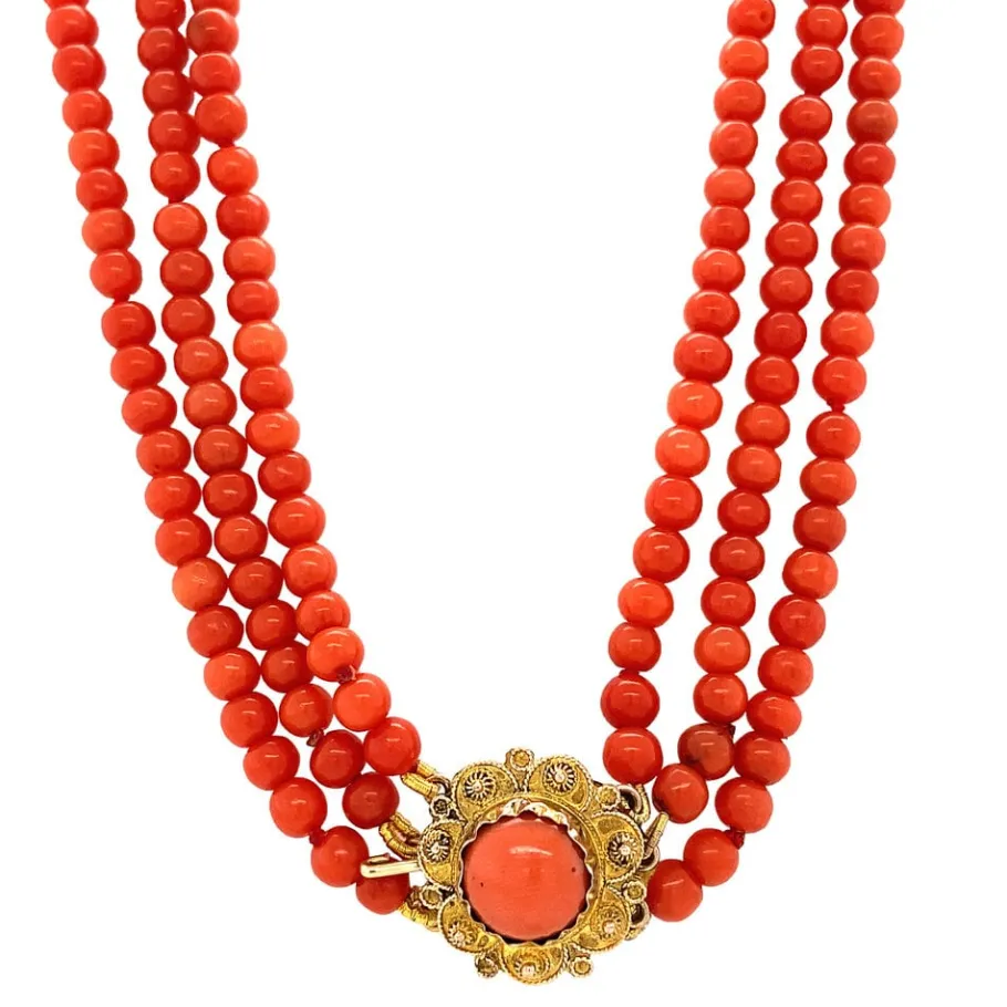 Blood coral necklace with gold clasp 14 krt>Vintage Jewellery Outlet