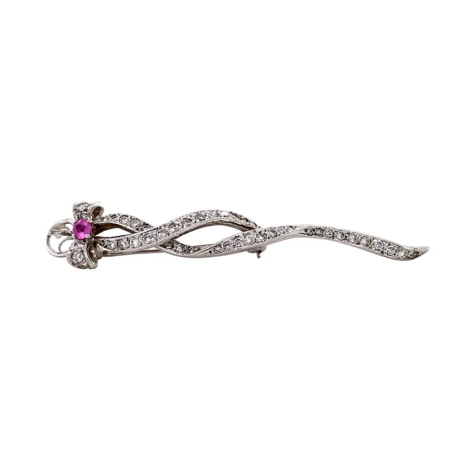 Brooch with pink sapphire and diamonds 12 krt>Vintage Jewellery Fashion
