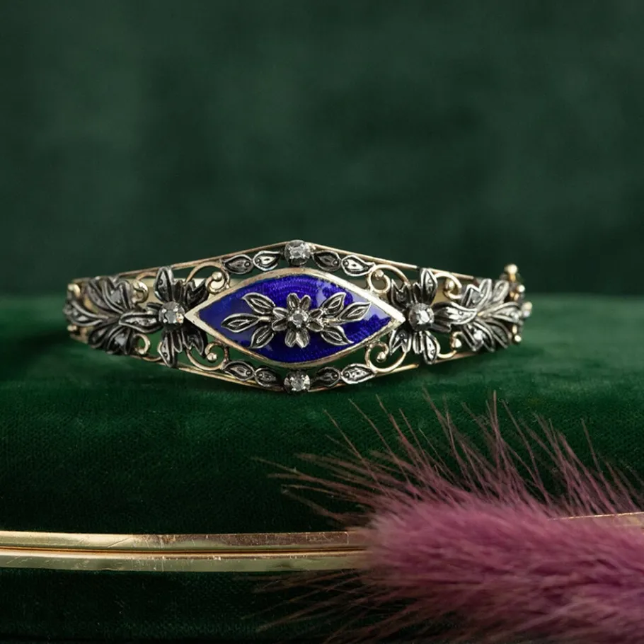 Gold bangle with rose diamond and enamel 14 krt/925>Vintage Jewellery Best