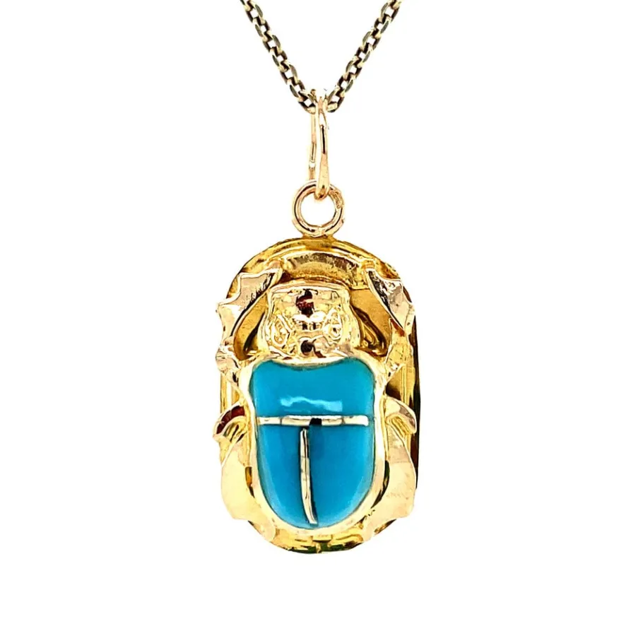 Gold beetle pendant with blue colour stone 18 krt>Vintage Jewellery Online
