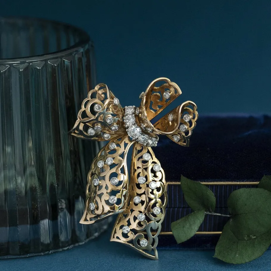 Gold bow pendant with diamonds 14 krt/950>Vintage Jewellery Online