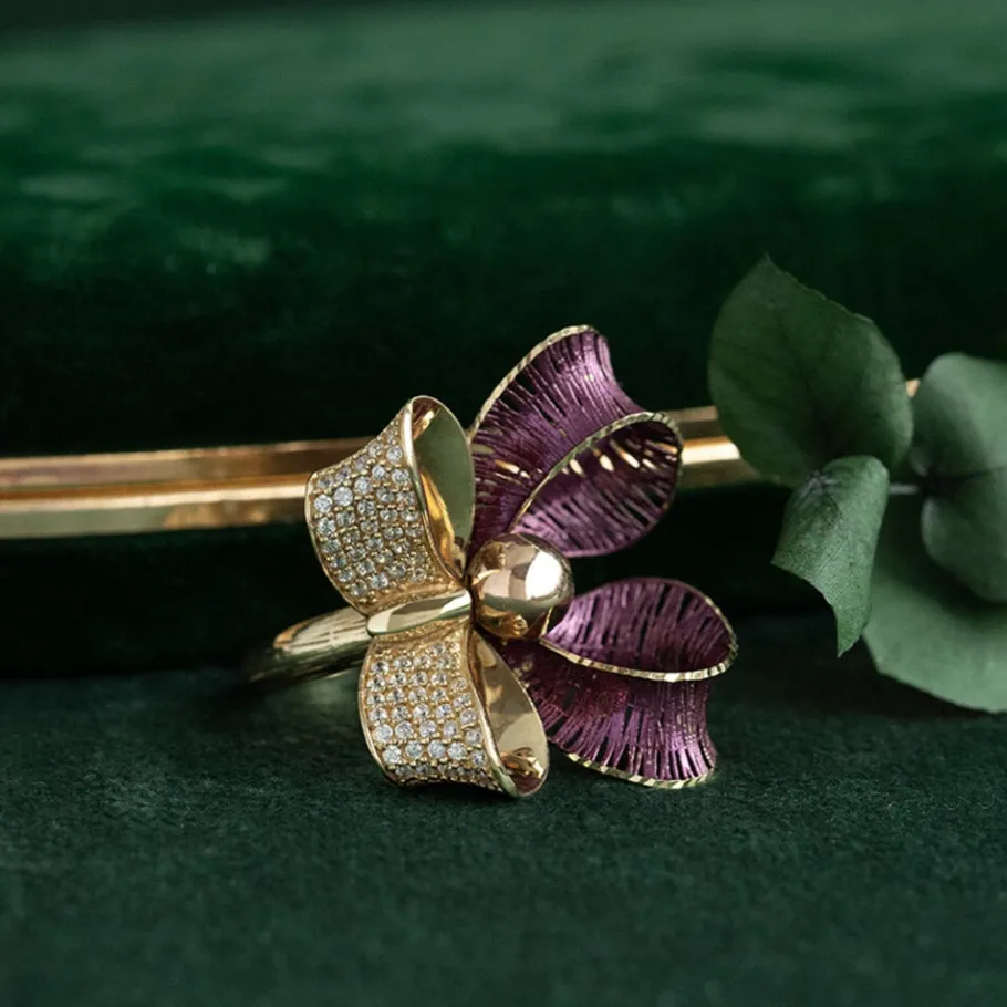 Gold bow ring with enamel and zirconia 18 krt>Vintage Jewellery Fashion