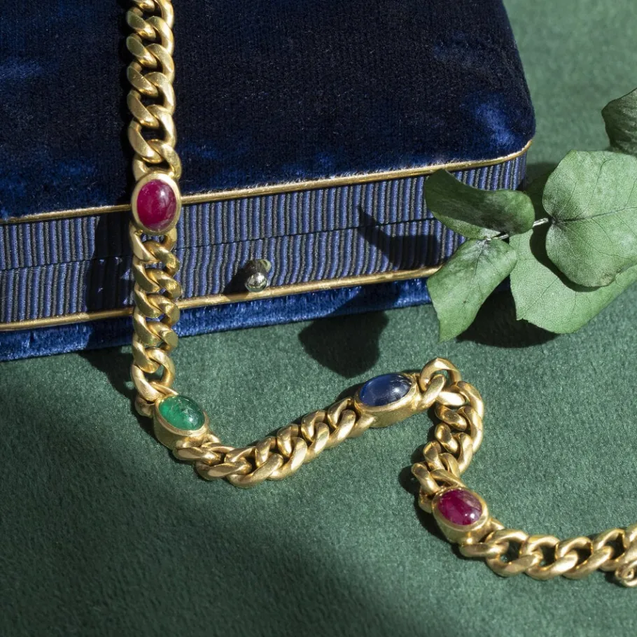 Gold bracelet with sapphire, emerald and ruby 18 krt>Vintage Jewellery Discount