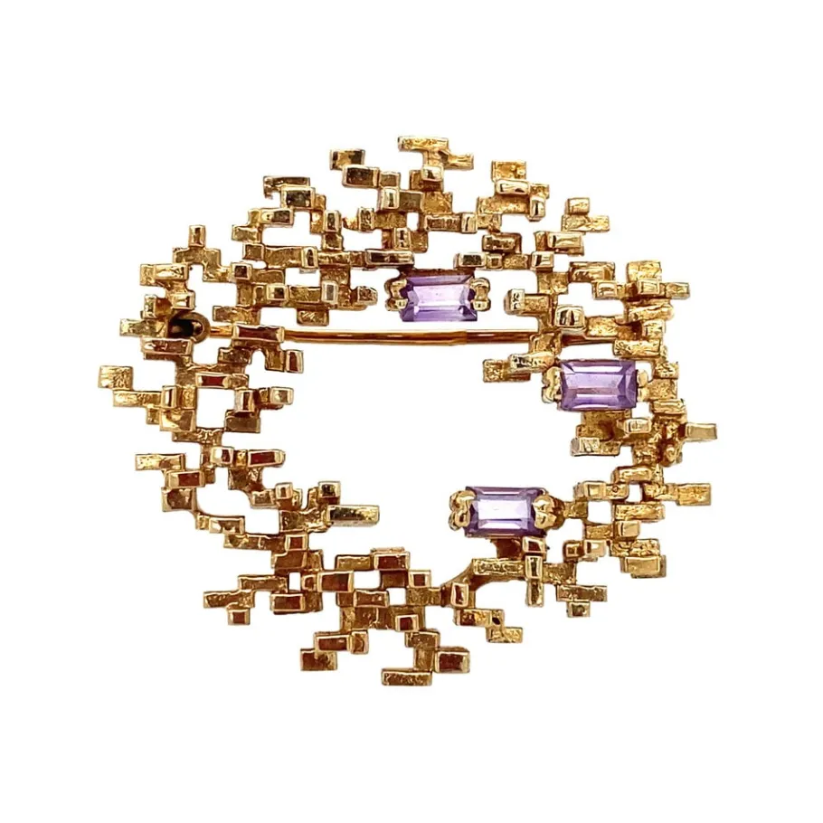 Gold brooch with amethyst 14 krt>Vintage Jewellery Best