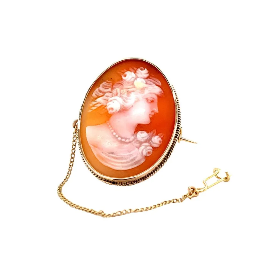 Gold brooch with cameo 14 krt>Vintage Jewellery New