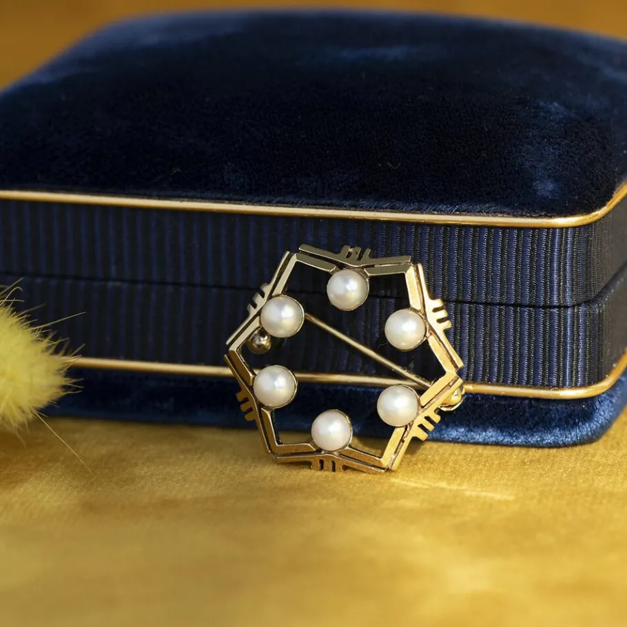Gold brooch with pearl 14 krt>Vintage Jewellery Fashion