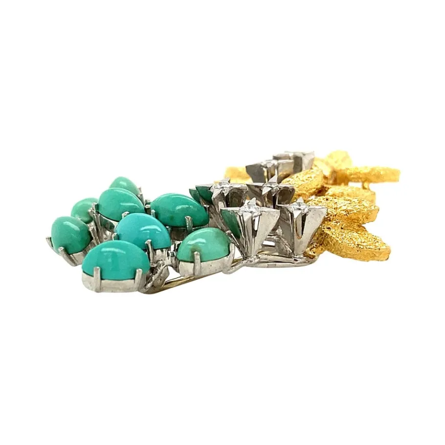 gold_brooch_with_turquois_2.webp Gold brooch with turquoise and diamonds 18 krt>Vintage Jewellery Sale