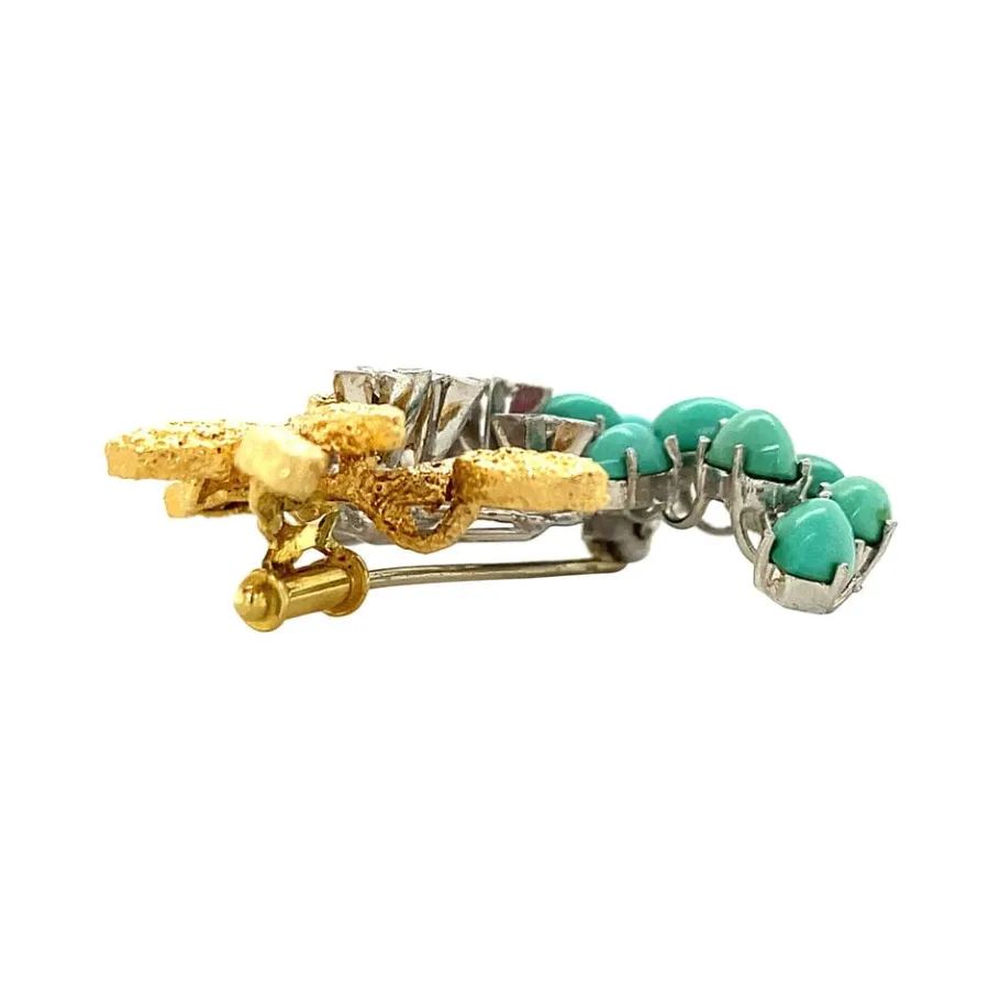 gold_brooch_with_turquois_4.webp Gold brooch with turquoise and diamonds 18 krt>Vintage Jewellery Sale