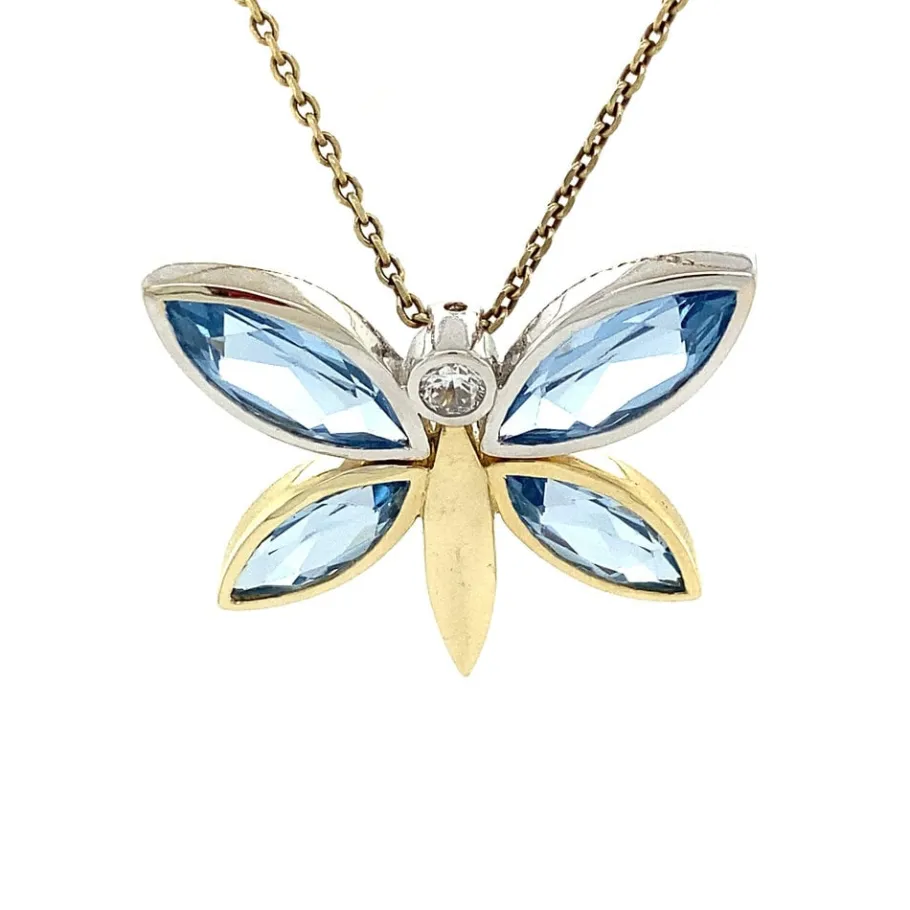 Gold butterfly pendant with spinel and zirconia 14 krt>Vintage Jewellery Best