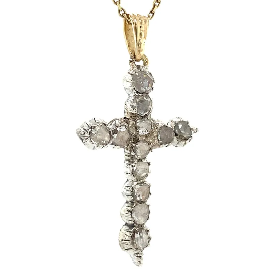gold_cross_pendant_with_r_2.webp Gold cross pendant with rose diamond 14 krt/925>Vintage Jewellery Outlet