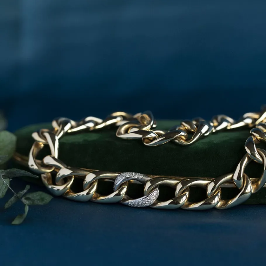 Gold curb necklace with diamonds 14 krt>Vintage Jewellery Outlet
