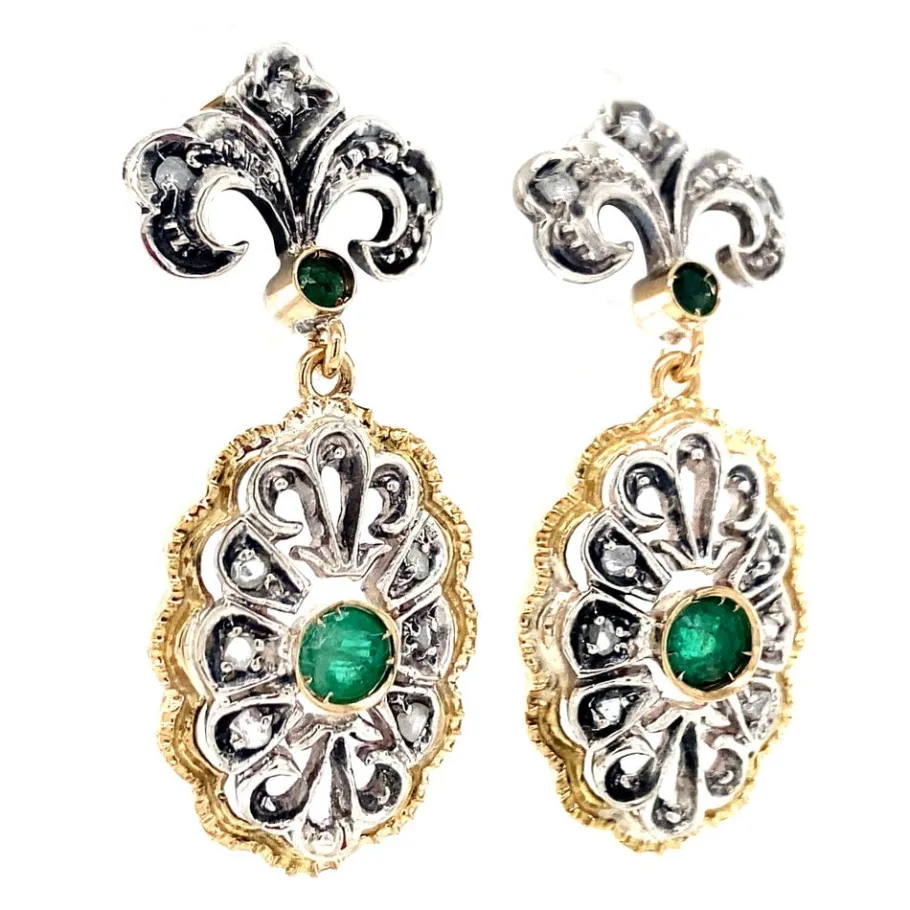 gold_ear_clips_with_rose__2.webp Gold ear clips with rose diamond and emerald 18 krt/835>Vintage Jewellery Outlet