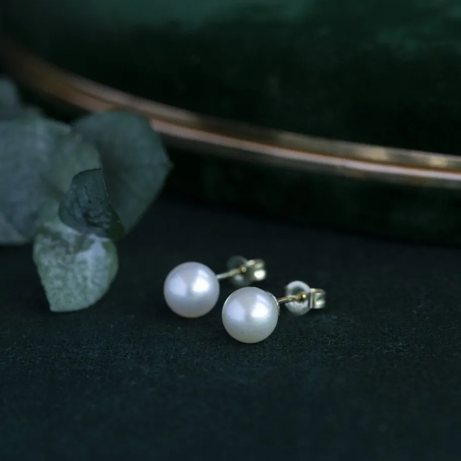 Gold ear studs pearl 14 krt>Vintage Jewellery Online