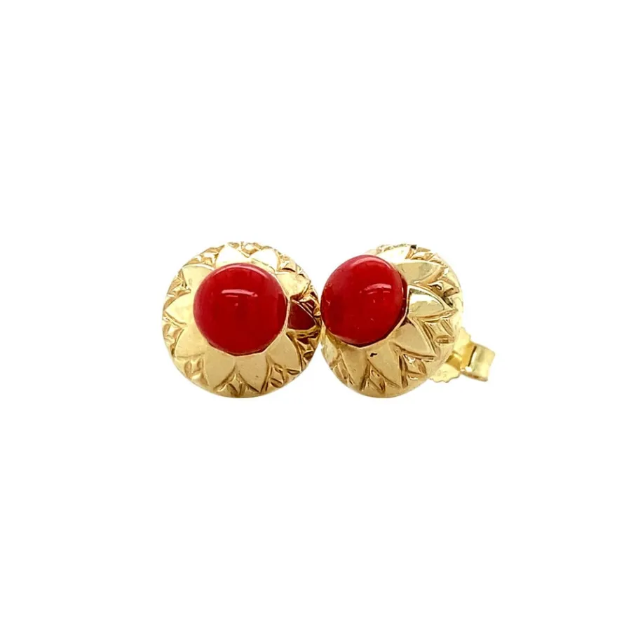 Gold ear studs with blood coral 14 krt>Vintage Jewellery Best
