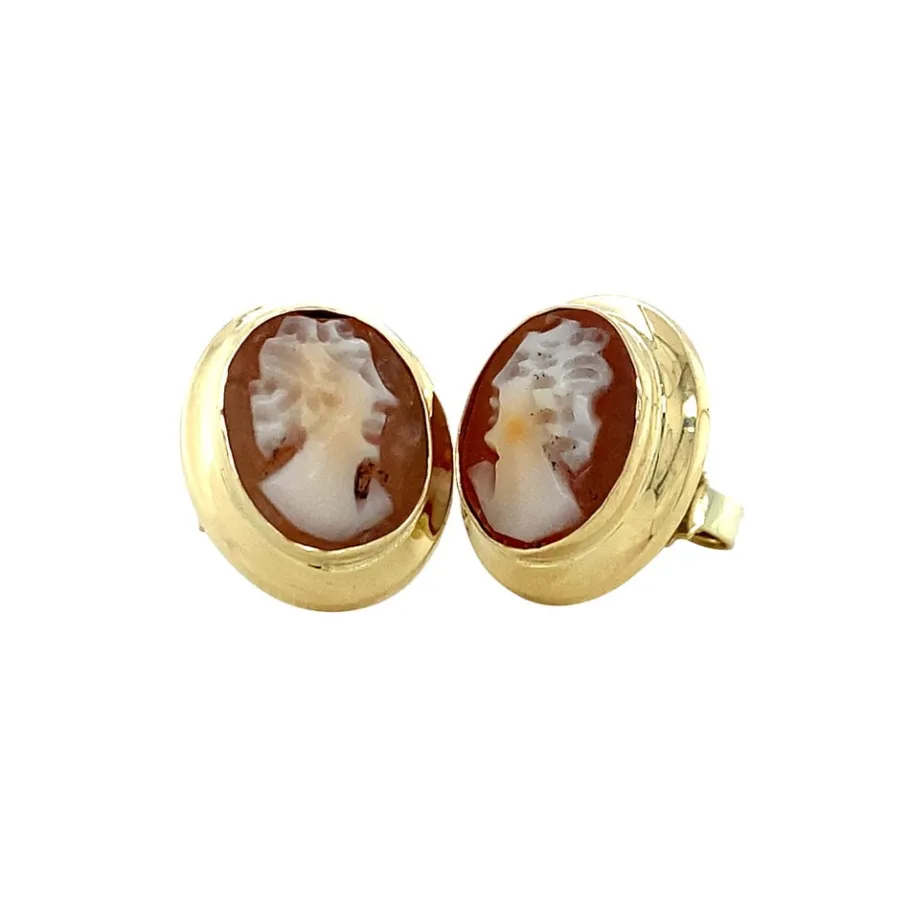 Gold ear studs with cameo 14 krt>Vintage Jewellery Fashion