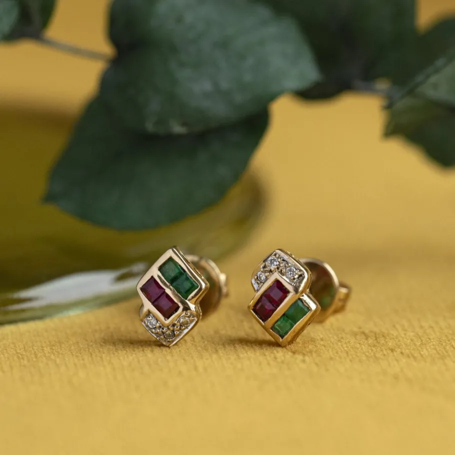 Gold ear studs with diamond, emerald and ruby 18 krt>Vintage Jewellery New