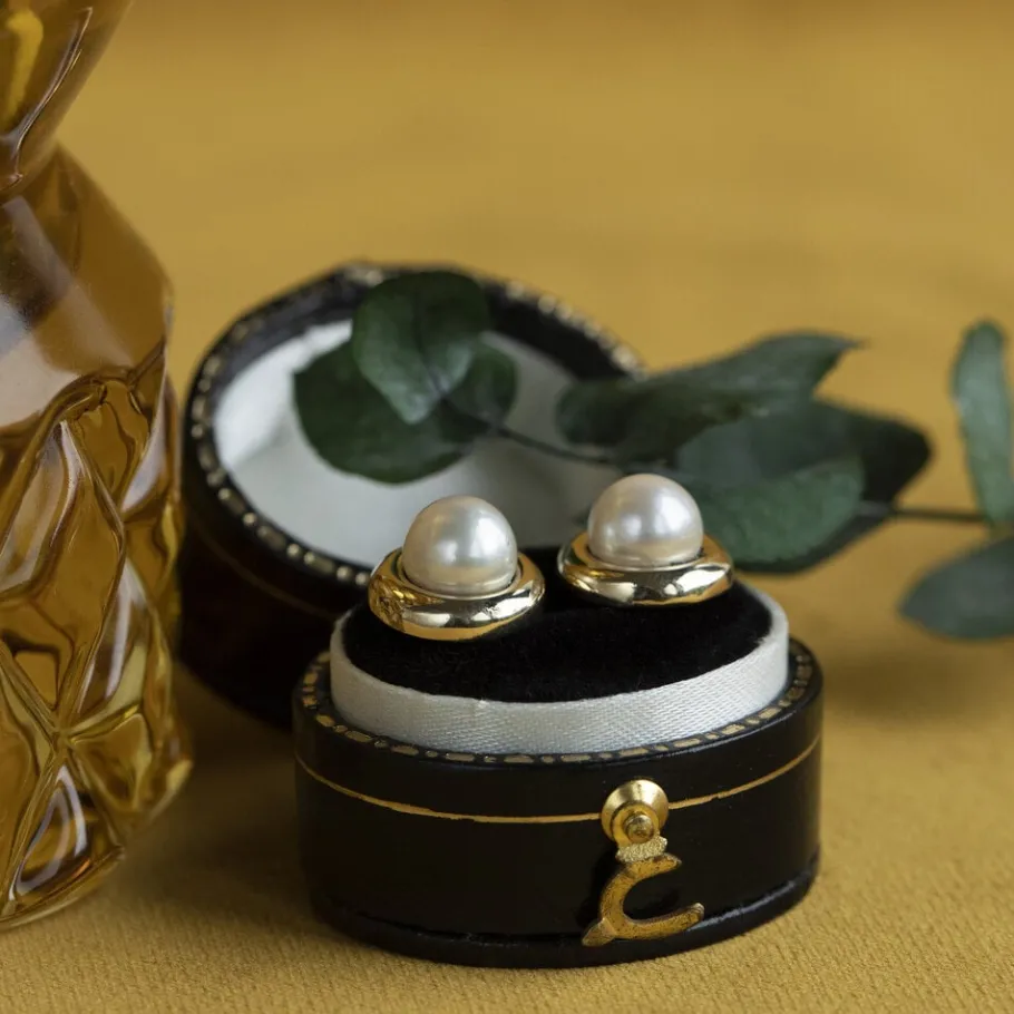 Gold ear studs with pearl 14 krt>Vintage Jewellery Sale