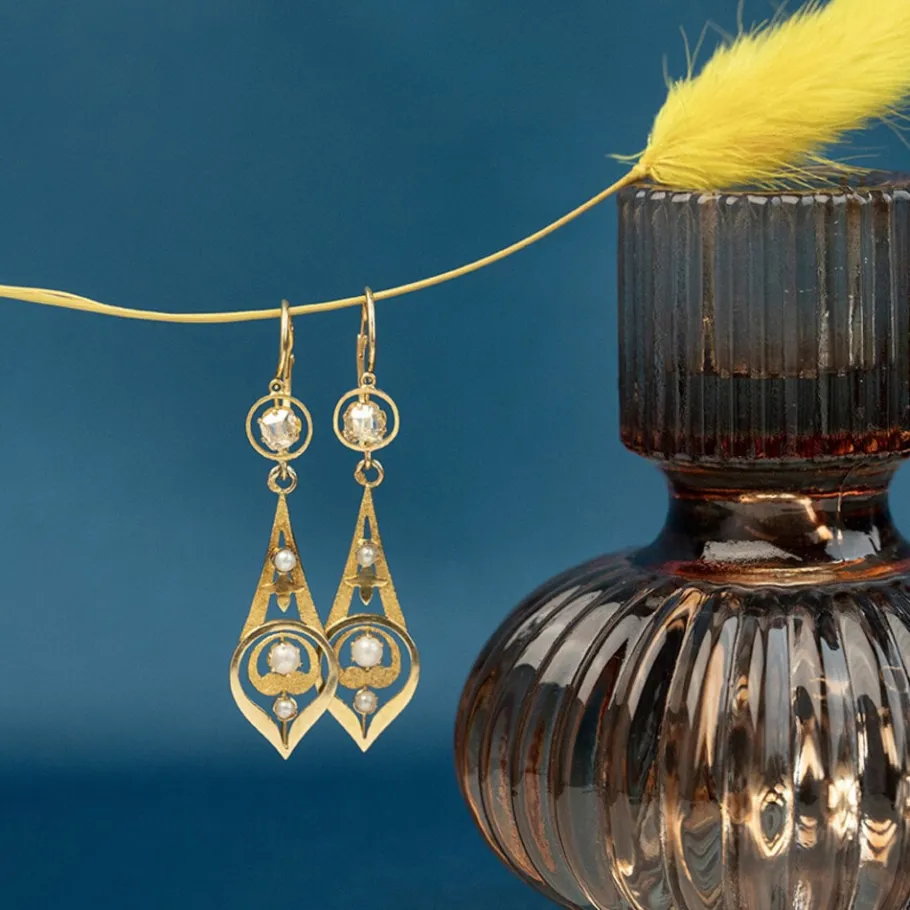 Gold earrings with pearl and diamond 18 krt>Vintage Jewellery Best