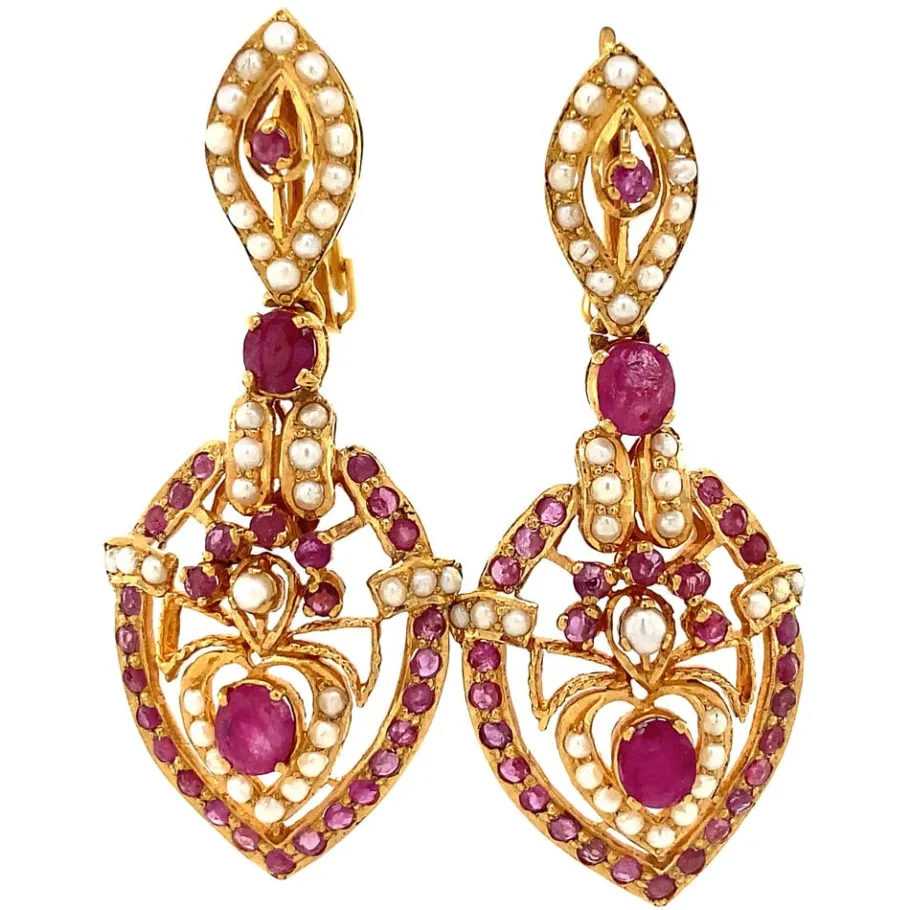 Gold earrings with ruby and pearl 20 krt>Vintage Jewellery Fashion