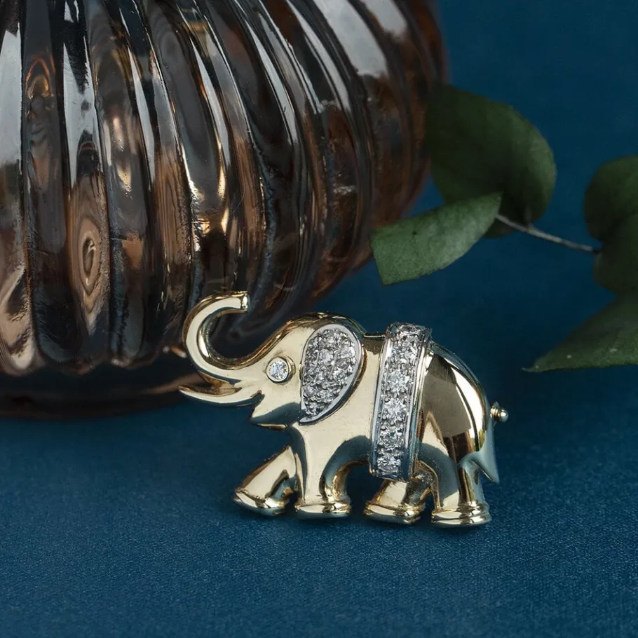 Gold elephant brooch with diamonds 14 krt>Vintage Jewellery New