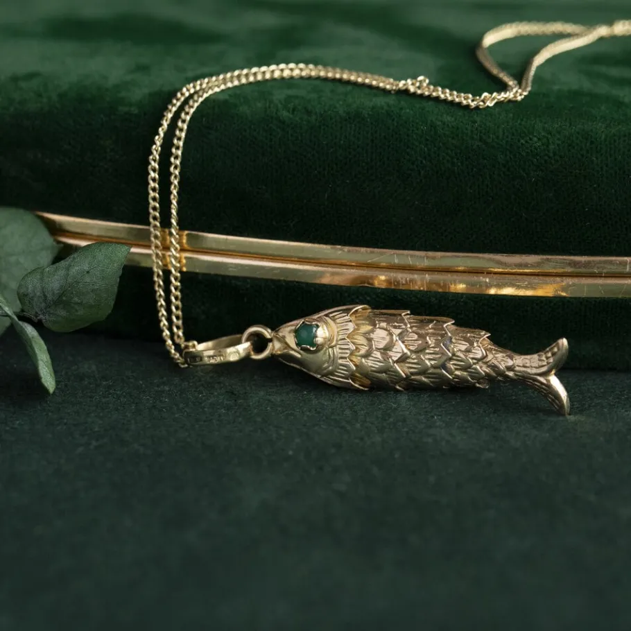 Gold fish pendant with colour stone 18 krt>Vintage Jewellery Sale
