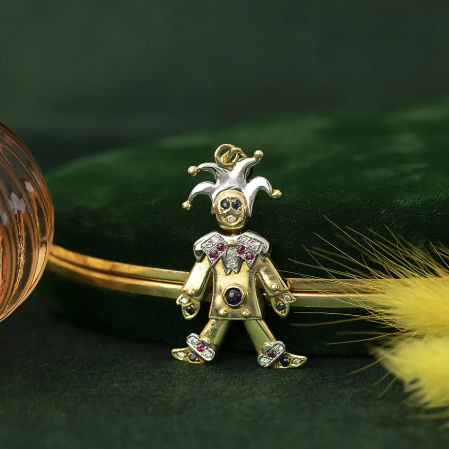 Gold joker pendant with ruby, sapphire and diamond 18 krt>Vintage Jewellery Hot