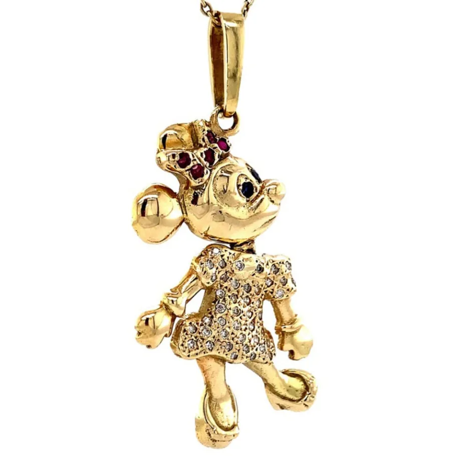 gold_minnie_mouse_pendant_2.webp Gold Minnie Mouse pendant with ruby, sapphire and diamond 14 krt>Vintage Jewellery Outlet