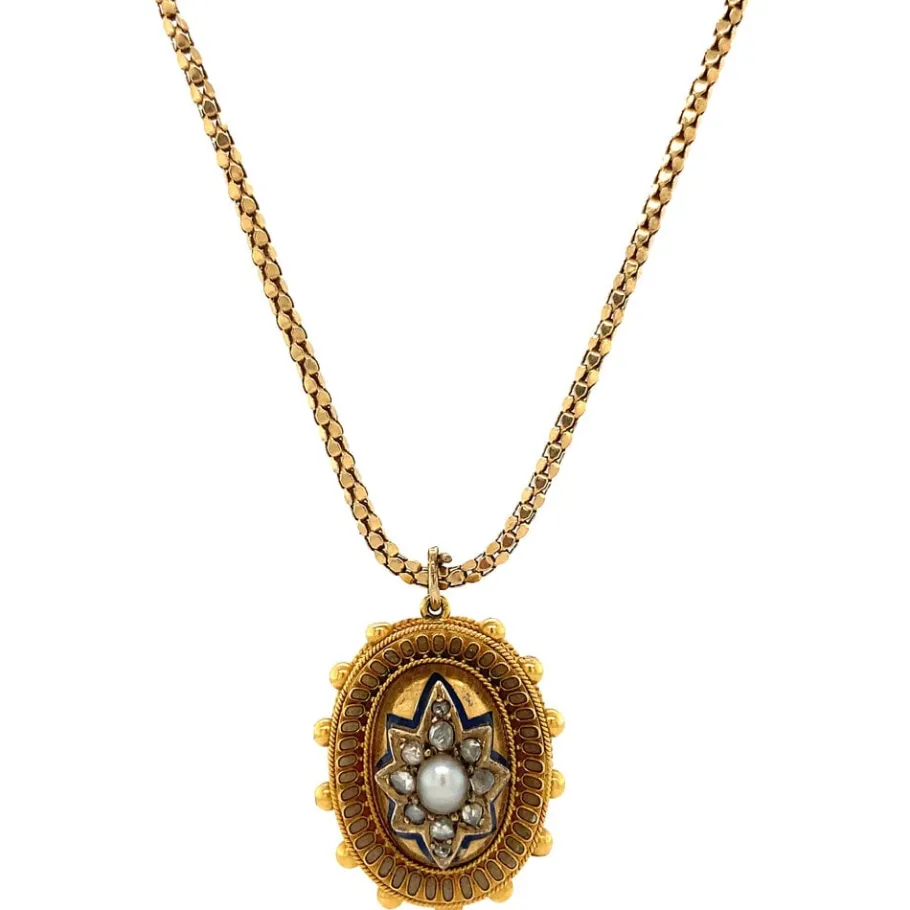 Gold necklace with pearl and diamond pendant 9/18 krt>Vintage Jewellery Sale