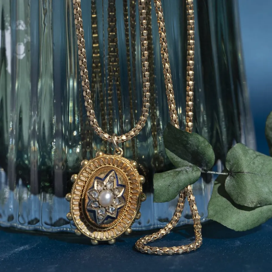 Gold necklace with pearl and diamond pendant 9/18 krt>Vintage Jewellery Sale