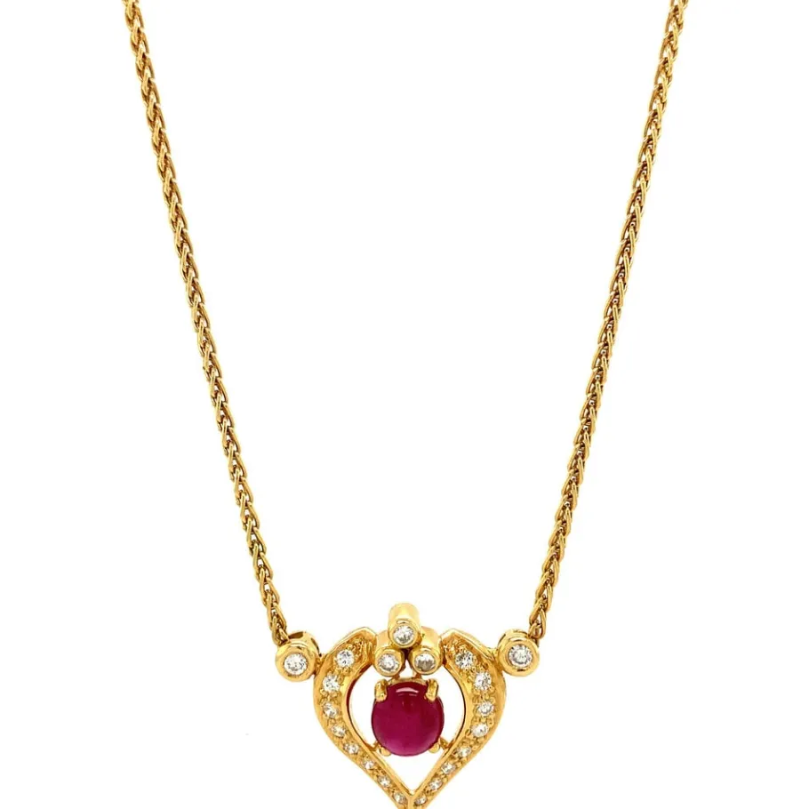 Gold necklace with ruby and diamond pendant 18 krt>Vintage Jewellery Hot