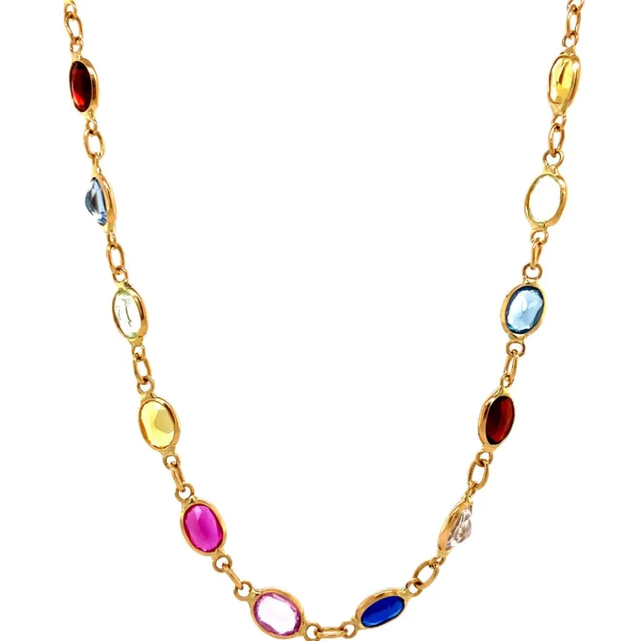 Gold necklace with spinel, sapphire, ruby and garnet 18 krt>Vintage Jewellery Clearance