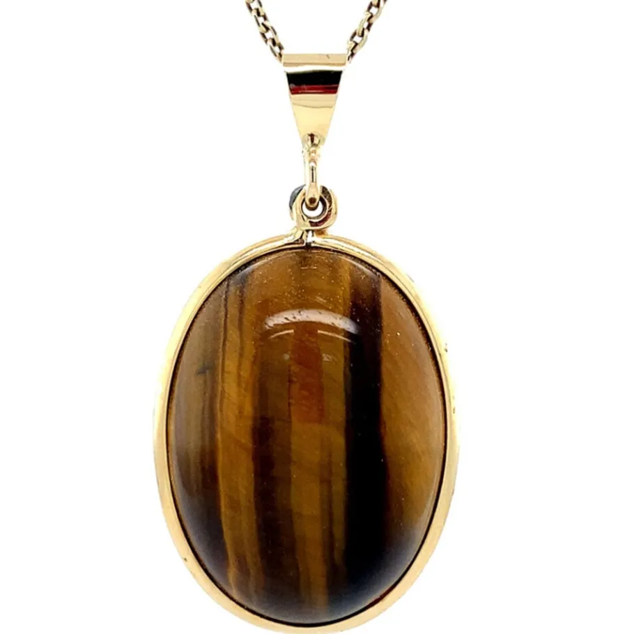 Gold pendant tiger eye 14 krt>Vintage Jewellery Outlet