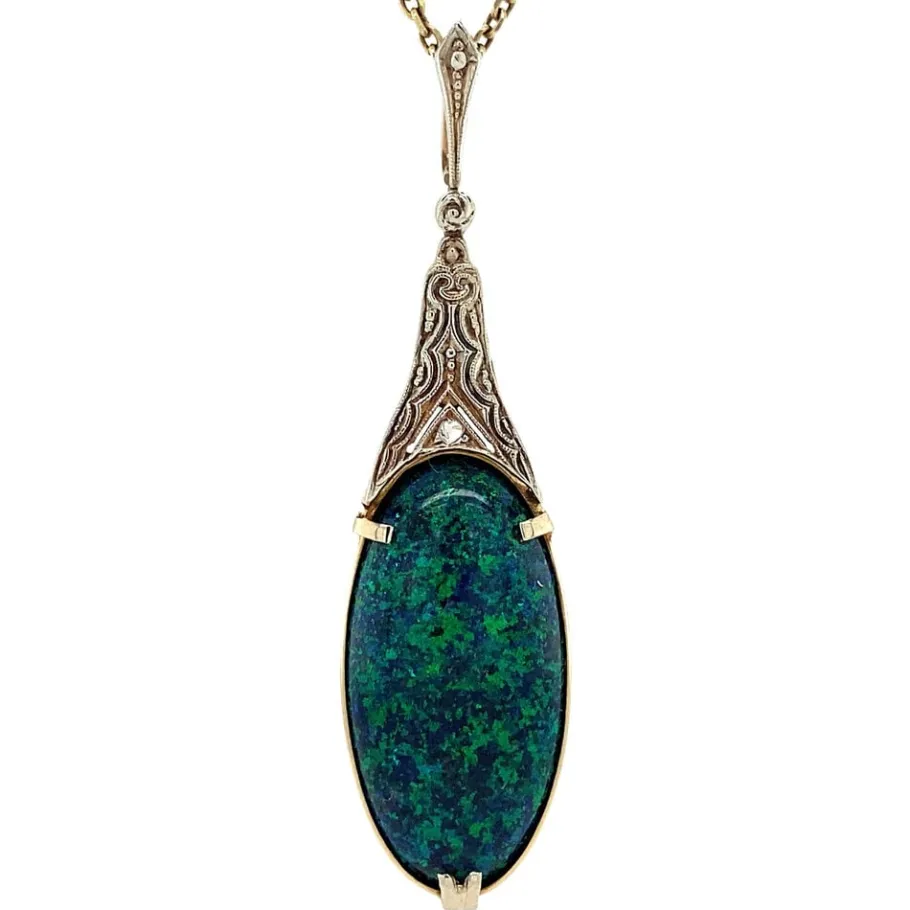 Gold pendant with black opal and rose diamond 14 krt>Vintage Jewellery Best