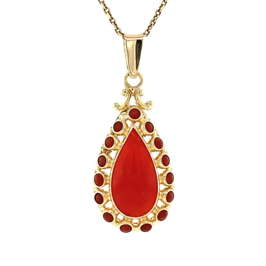 Gold pendant with blood coral 14 krt>Vintage Jewellery Fashion