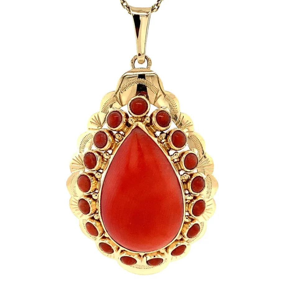Gold pendant with blood coral 14 krt>Vintage Jewellery New