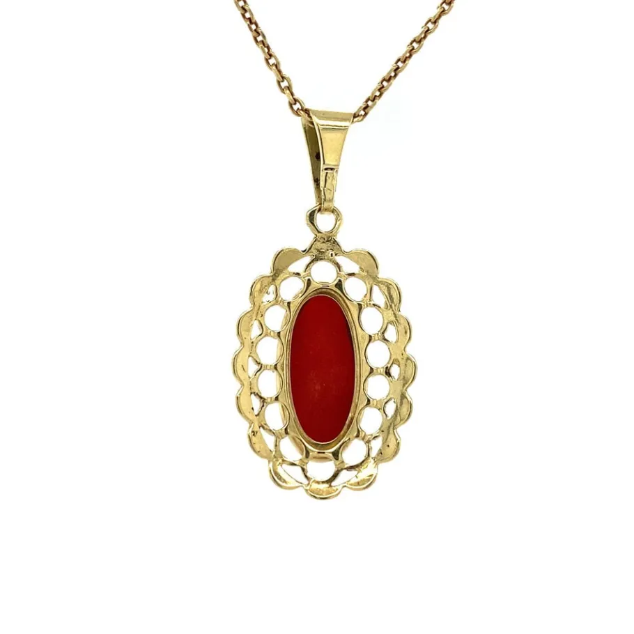 Gold pendant with blood coral 14 krt>Vintage Jewellery Discount
