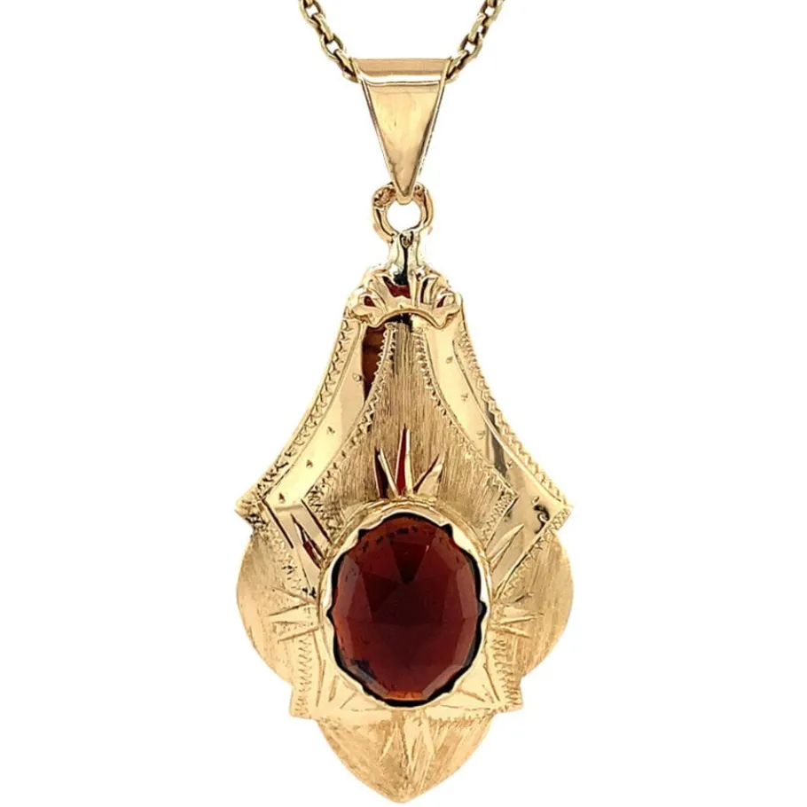 Gold pendant with garnet 14 krt>Vintage Jewellery Online