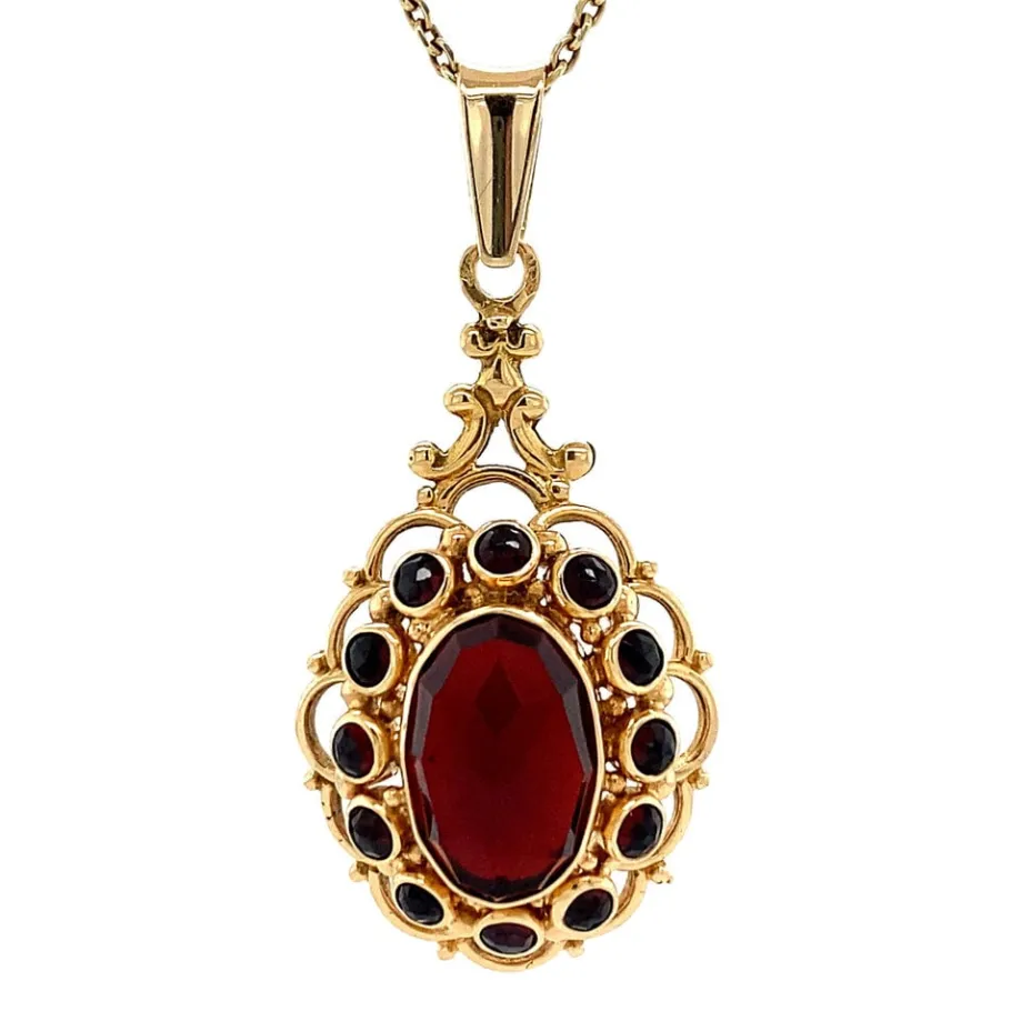 Gold pendant with garnet 14 krt>Vintage Jewellery Online