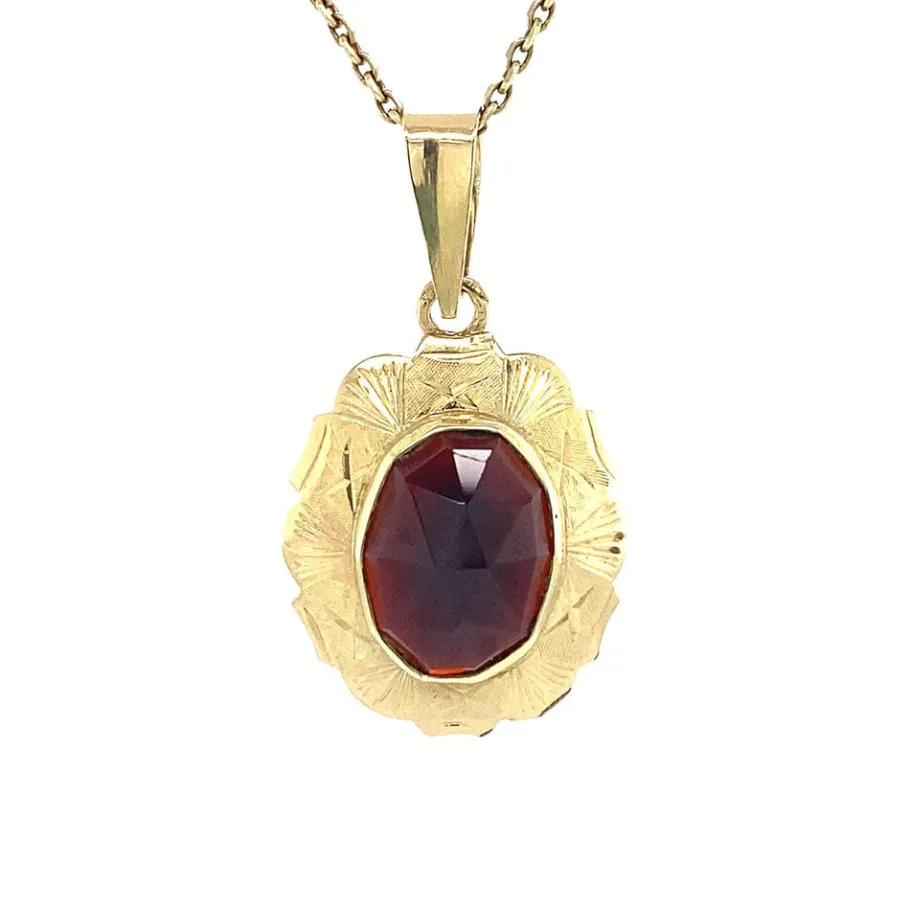 Gold pendant with garnet 14 krt>Vintage Jewellery Online