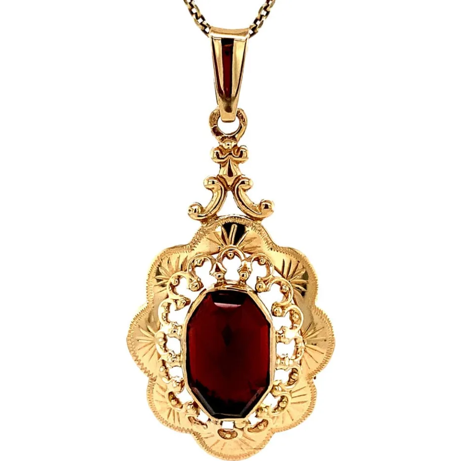 Gold pendant with garnet 14 krt>Vintage Jewellery Sale