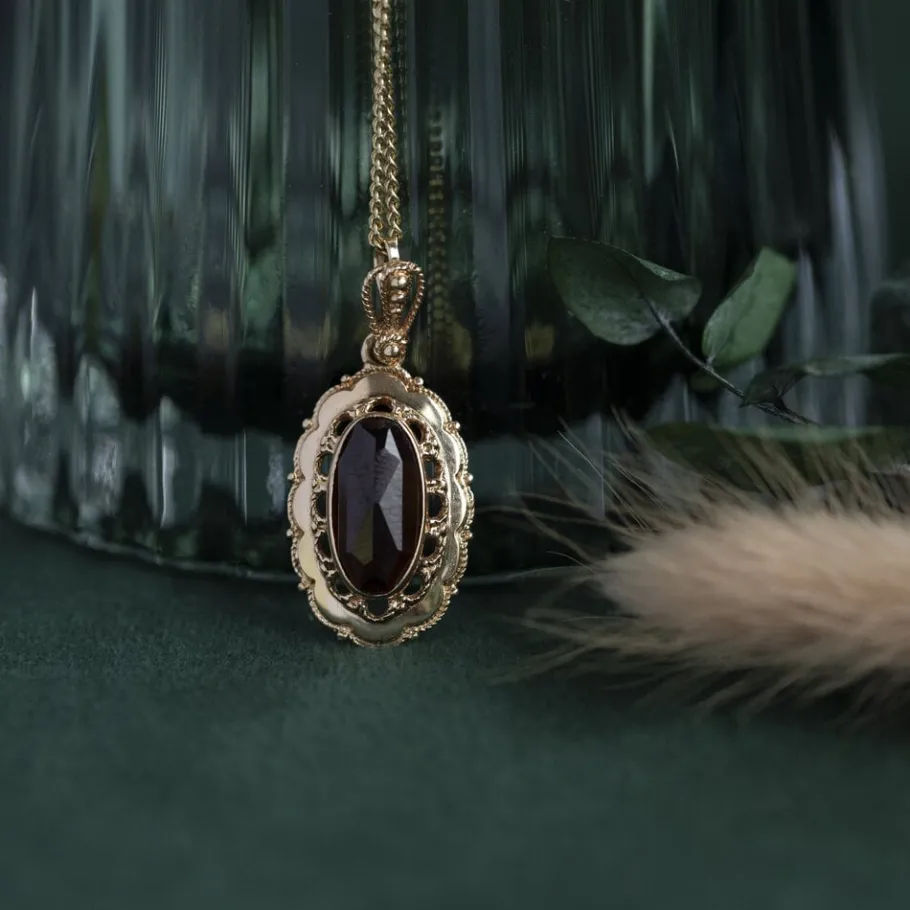 Gold pendant with garnet 14 krt>Vintage Jewellery Fashion
