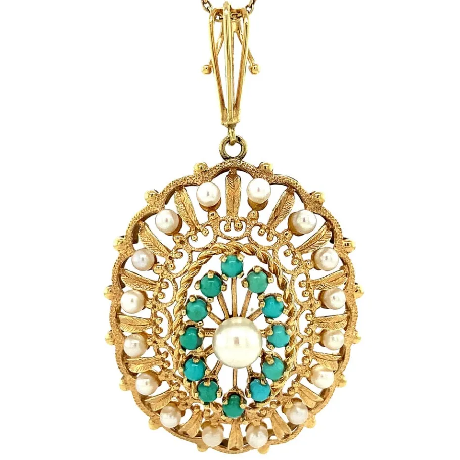 Gold pendant with pearl and turquoise 14 krt>Vintage Jewellery Outlet