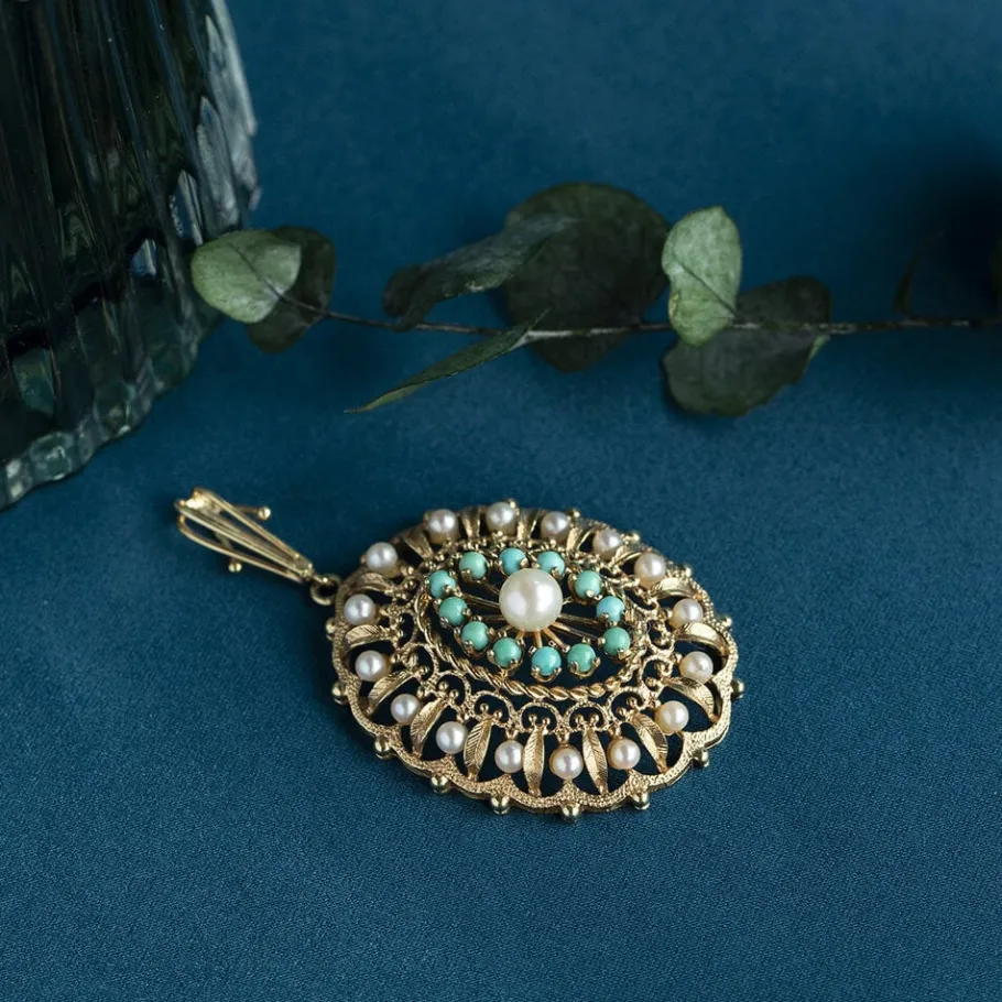 Gold pendant with pearl and turquoise 14 krt>Vintage Jewellery Outlet