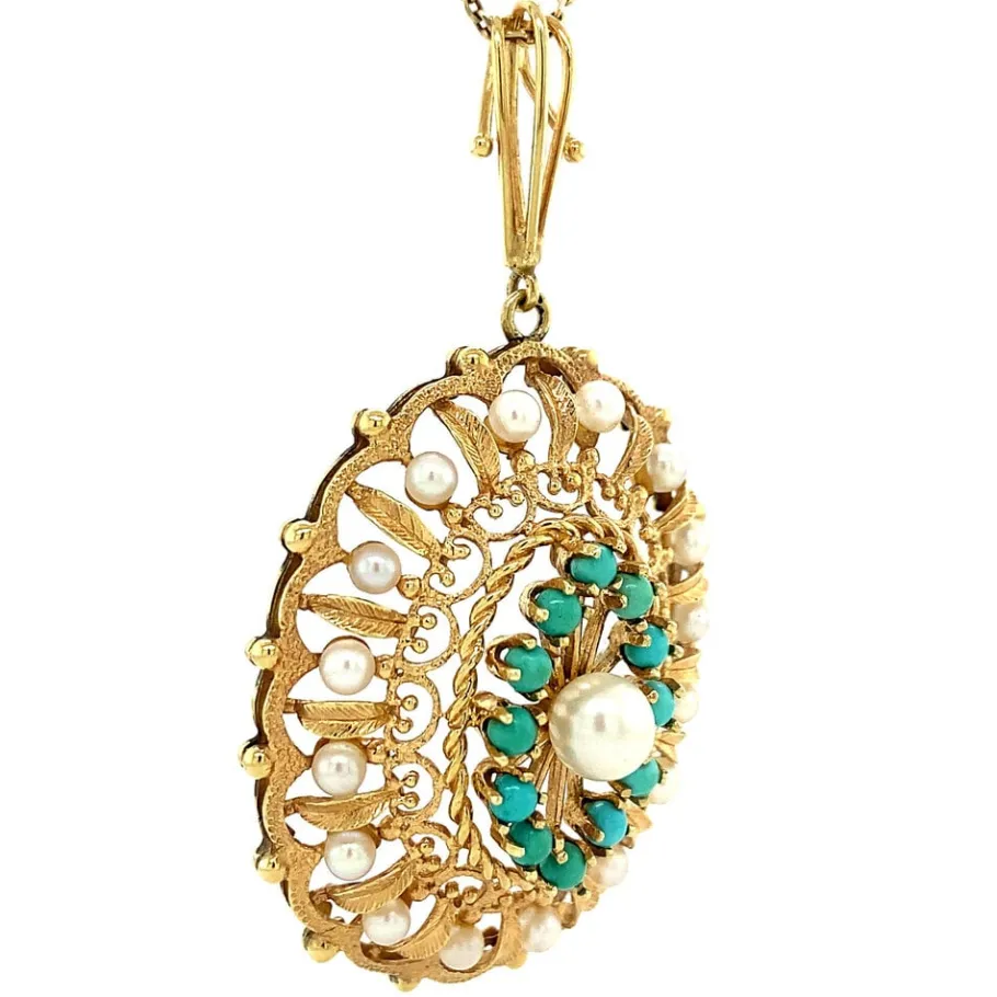 gold_pendant_with_pearl_a_2.webp Gold pendant with pearl and turquoise 14 krt>Vintage Jewellery Outlet