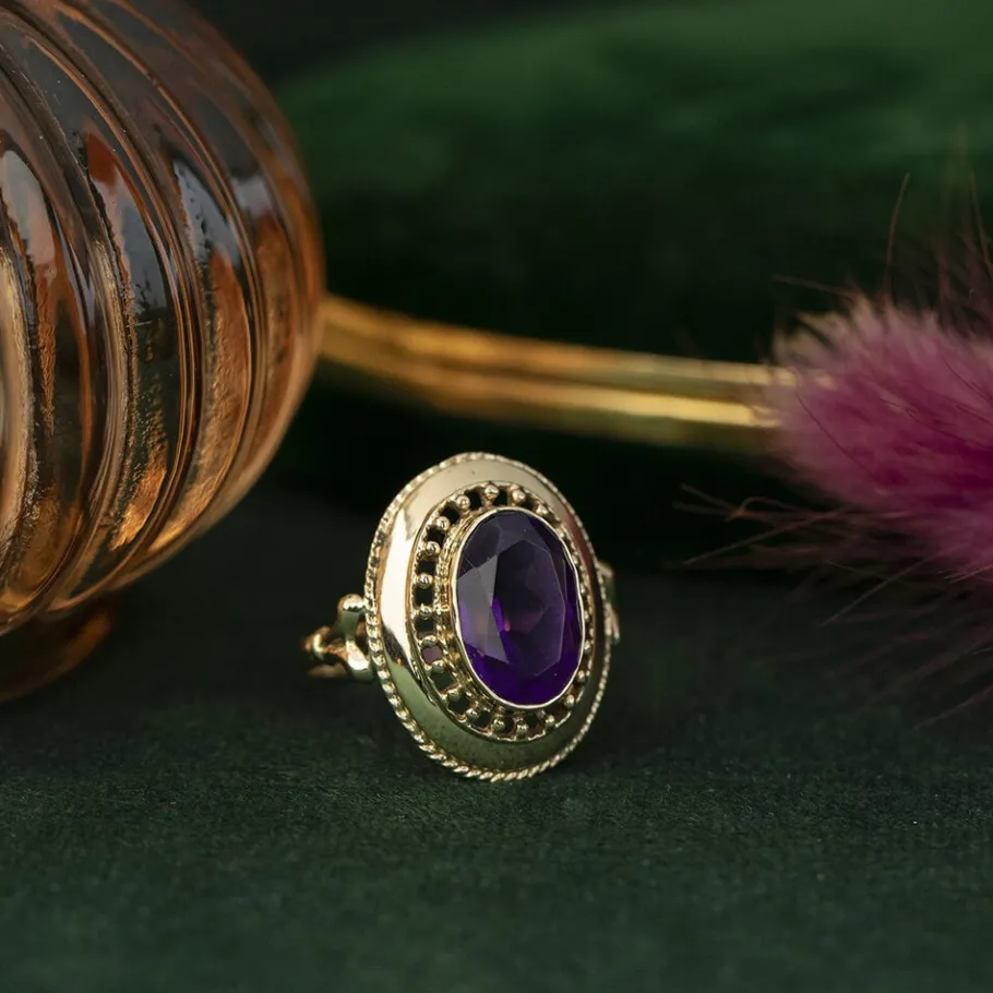 Gold ring with amethyst 14 krt>Vintage Jewellery New