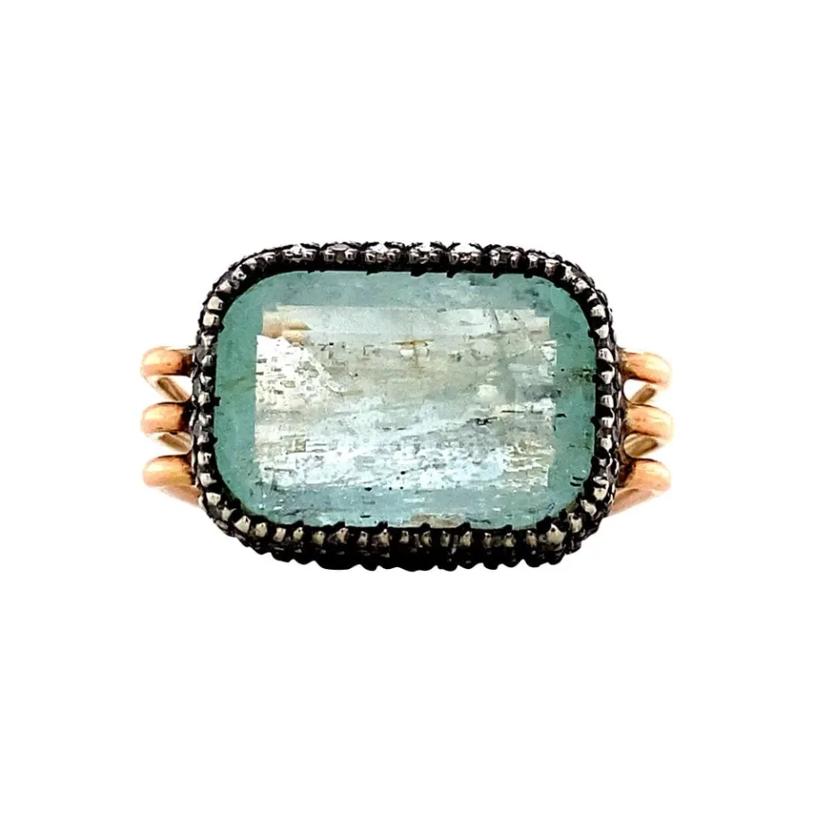 Gold ring with aquamarine and diamonds 14 krt/835>Vintage Jewellery Online