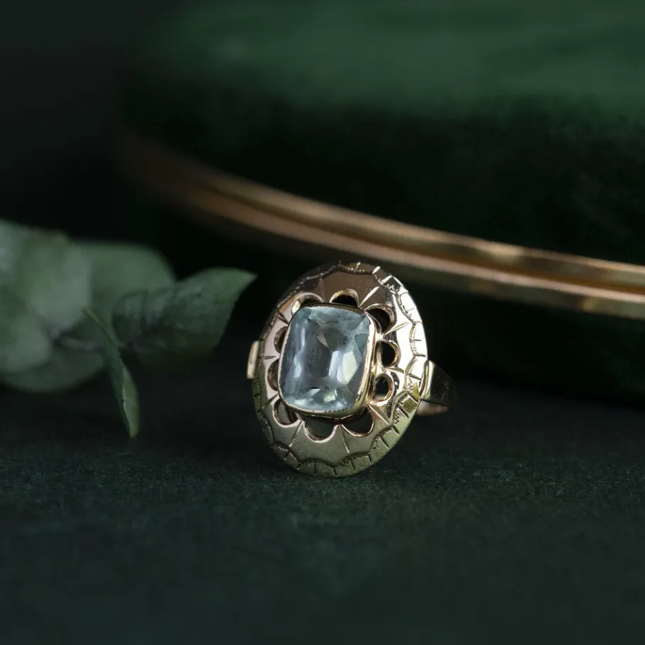 Gold ring with aquamarine 14 krt>Vintage Jewellery New