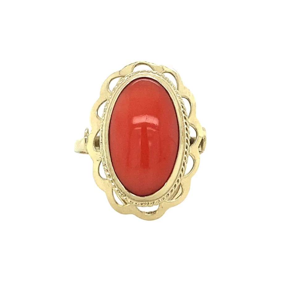 Gold ring with blood coral 14 krt>Vintage Jewellery Fashion