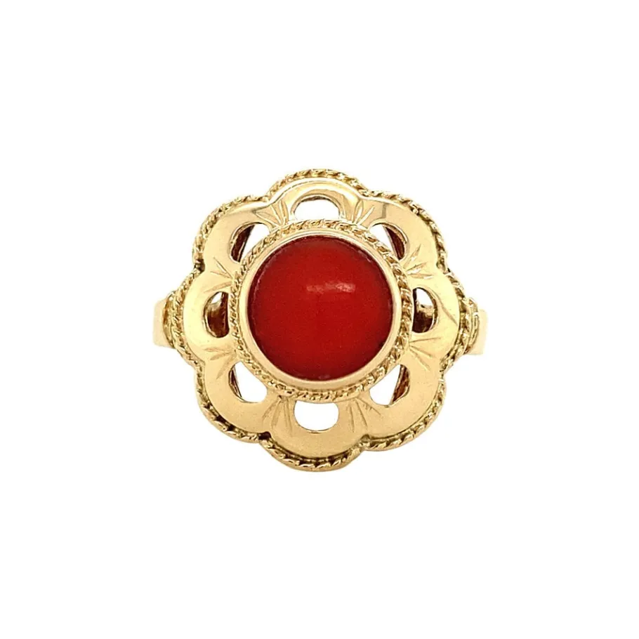 Gold ring with blood coral 14 krt>Vintage Jewellery Hot