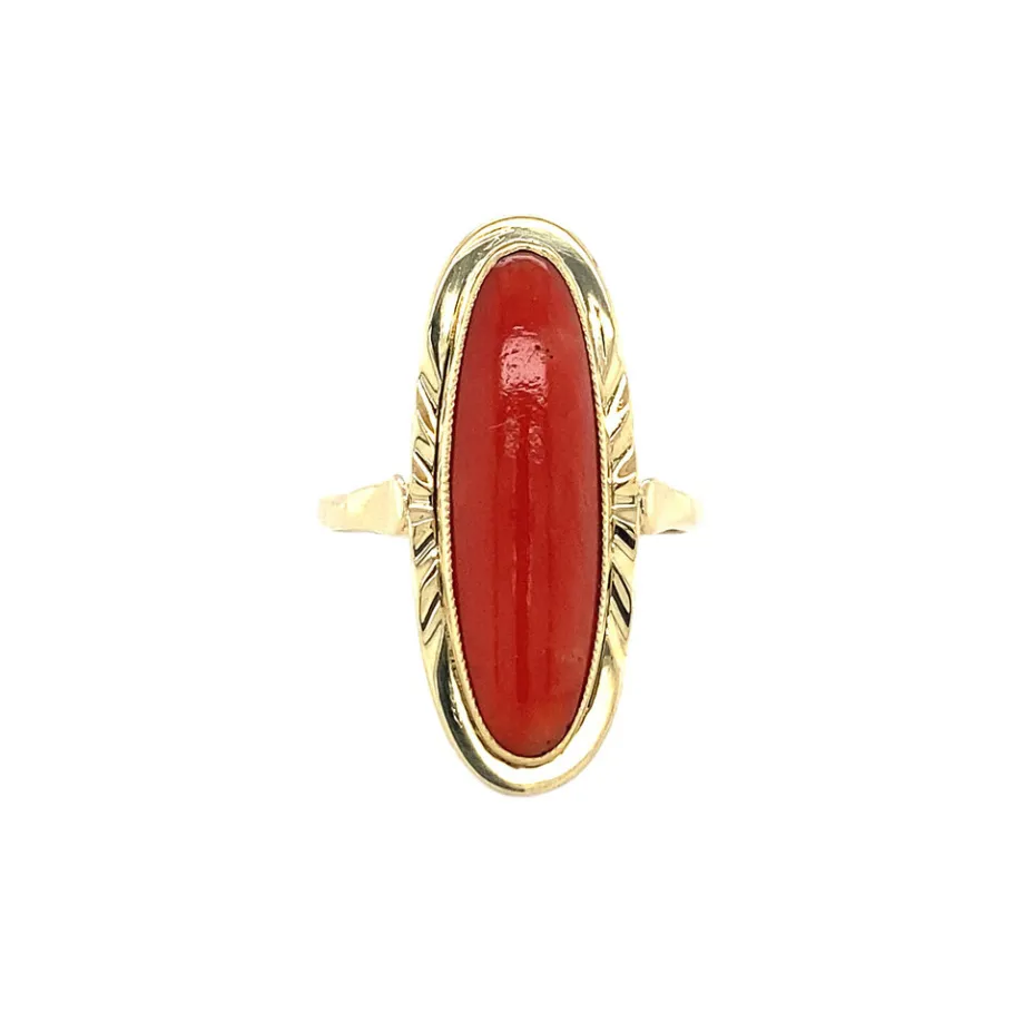 Gold ring with blood coral 14 krt>Vintage Jewellery Sale